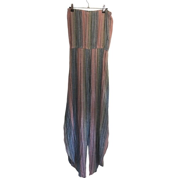 Drew Jumpsuit Women's Size Small Blue Pink Stripes Linen Blend Split Legs - Picture 2 of 9